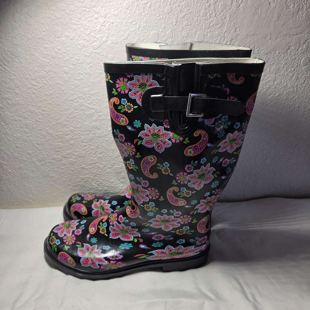 Womens Black Paisley Floral Rubber Rain Boots Mid Calf Waterproof Size 10